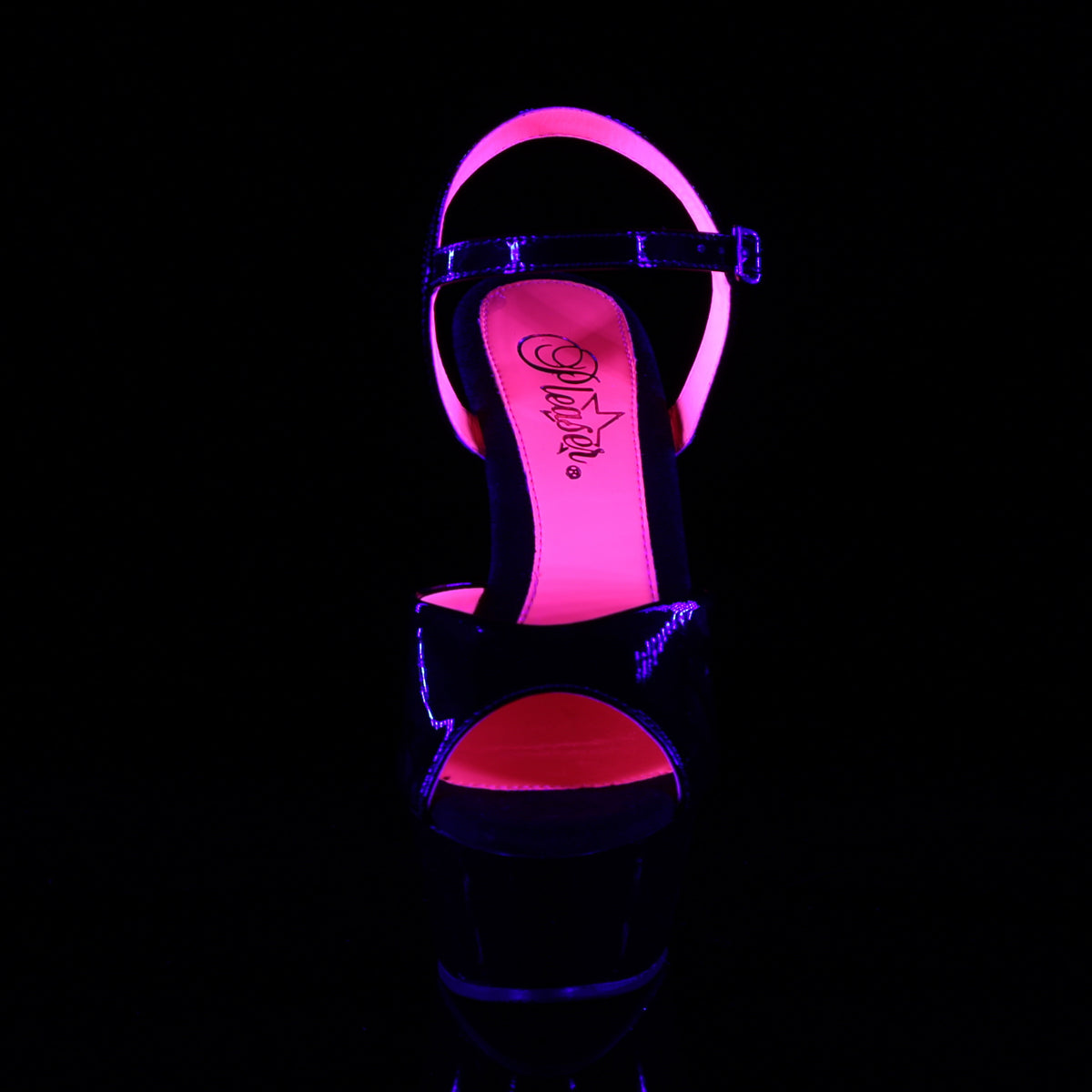 Pleaser Womens Sandals KISS-209TT Blk Pat/Blk-Neon H. Pink