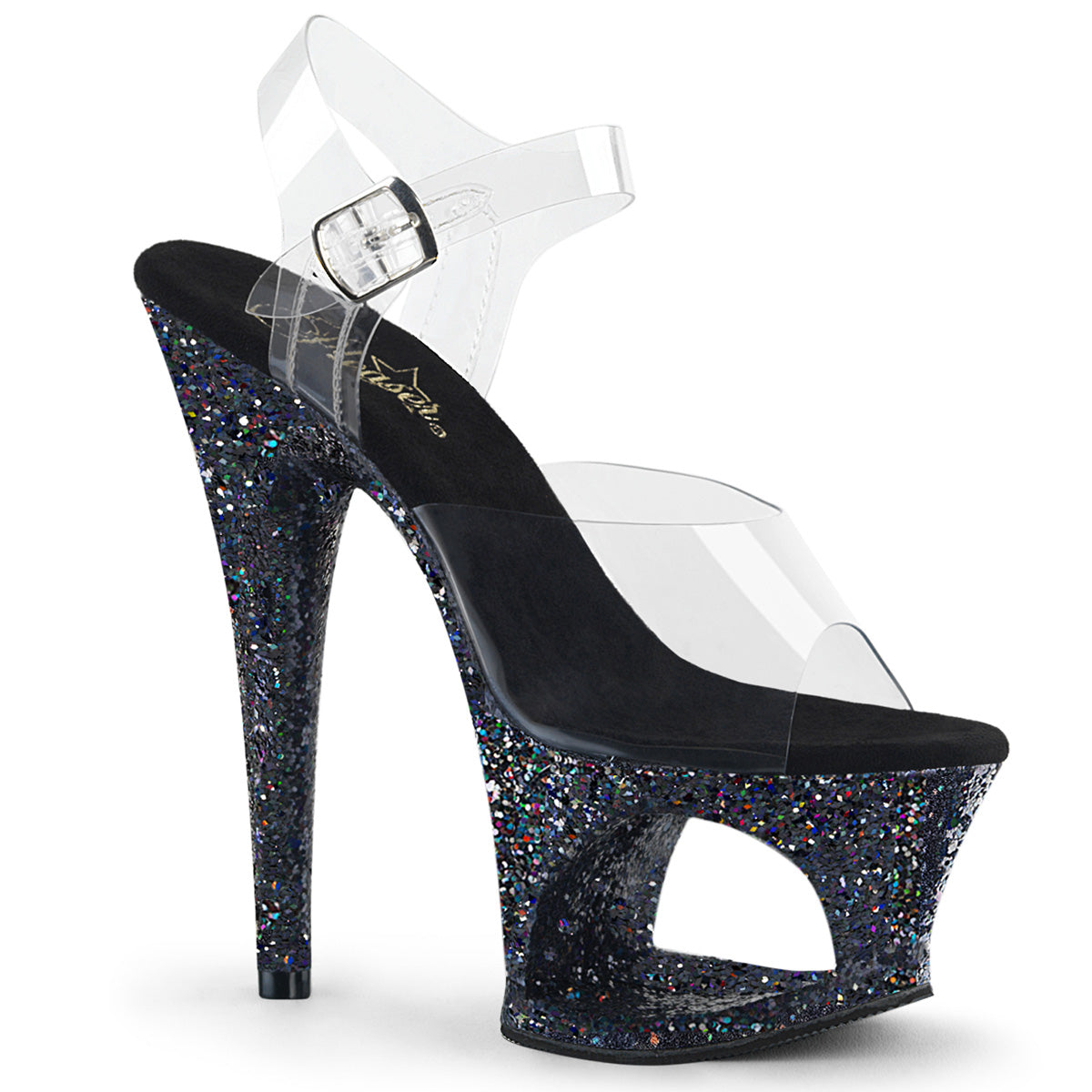 Pleaser Womens Sandals MOON-708LG Clr/Blk Multi Glitter