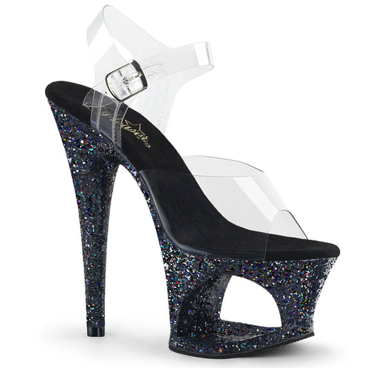 Pleaser Womens Sandals MOON-708LG Clr/Blk Multi Glitter