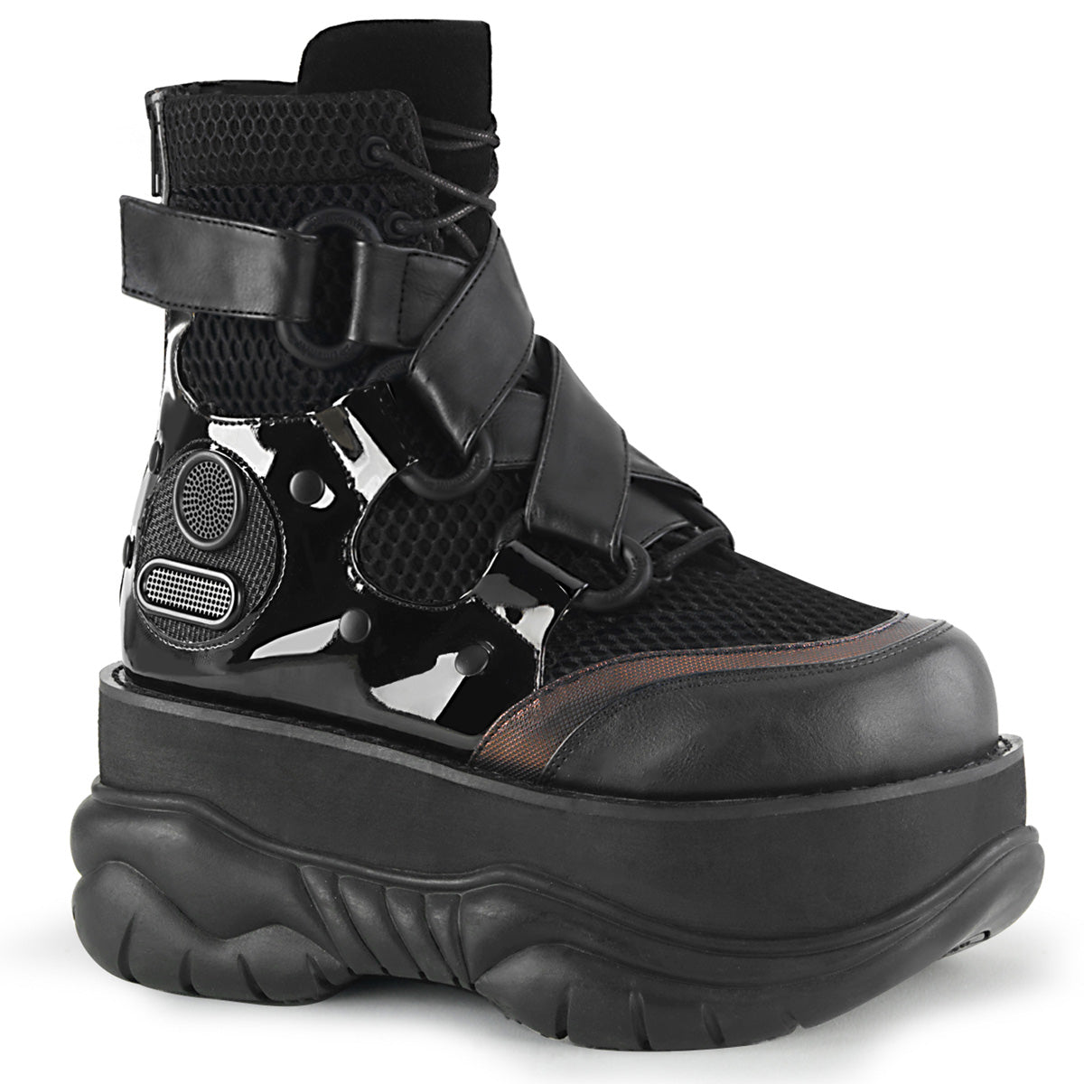 DemoniaCult Mens Boots NEPTUNE-126 Blk Vegan Leather-Fishnet Fabric-Pat