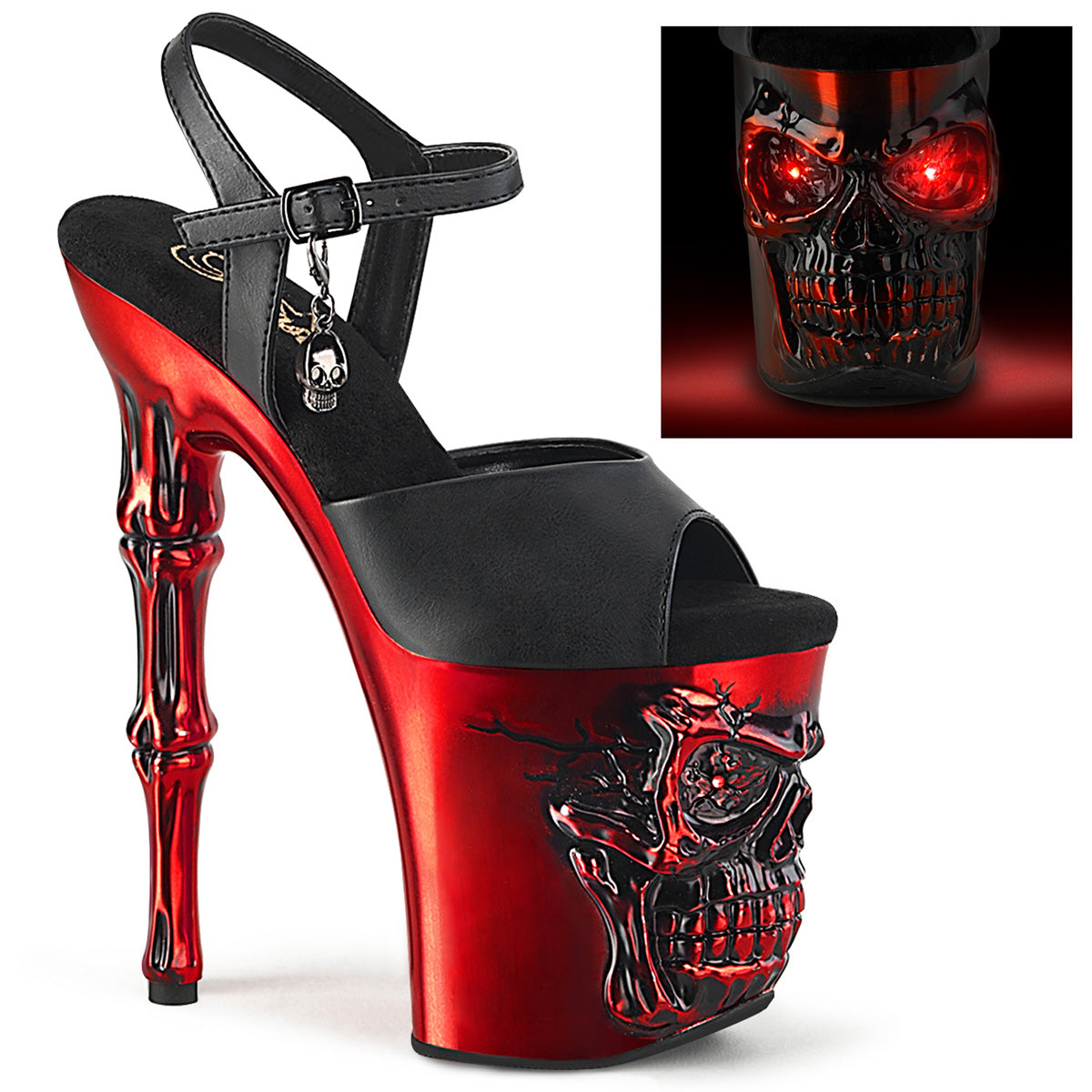 Pleaser  Sandals RAPTURE-809-LT Blk Faux Leather/Satin Red Chrome