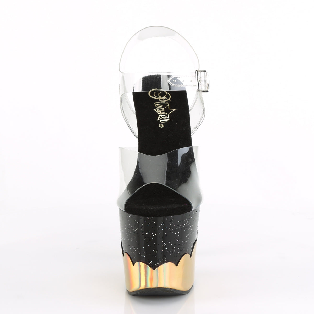 Pleaser Womens Sandals SCALLOP-708-2HGM Clr/Blk-Gold Hologram