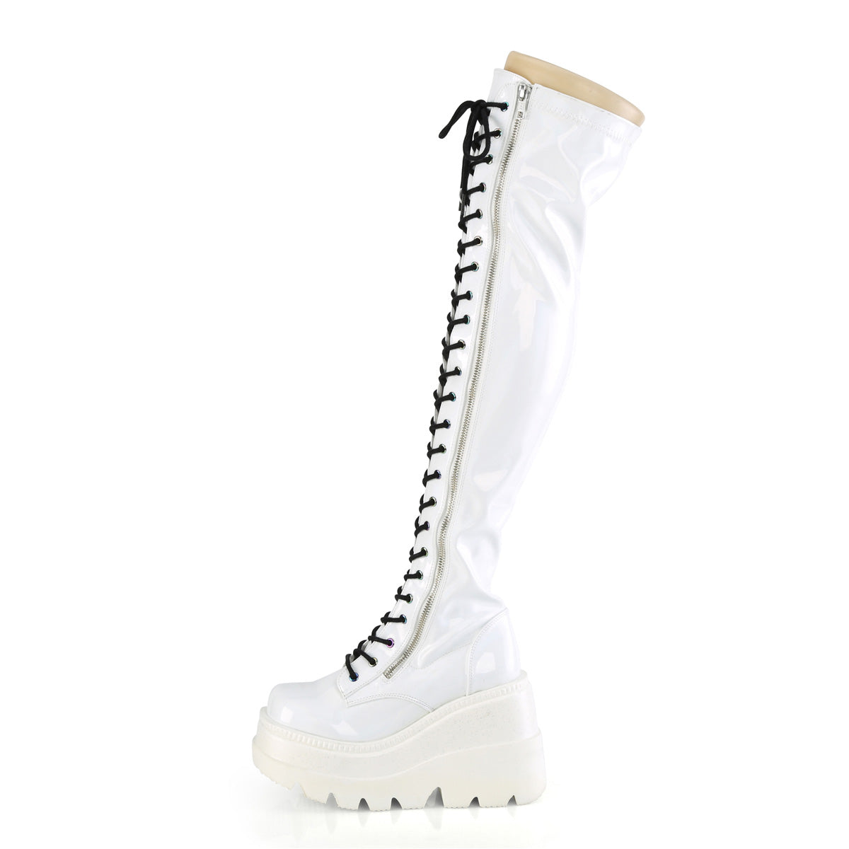 DemoniaCult Womens Boots SHAKER-374 Wht Hologram Stretch Patent