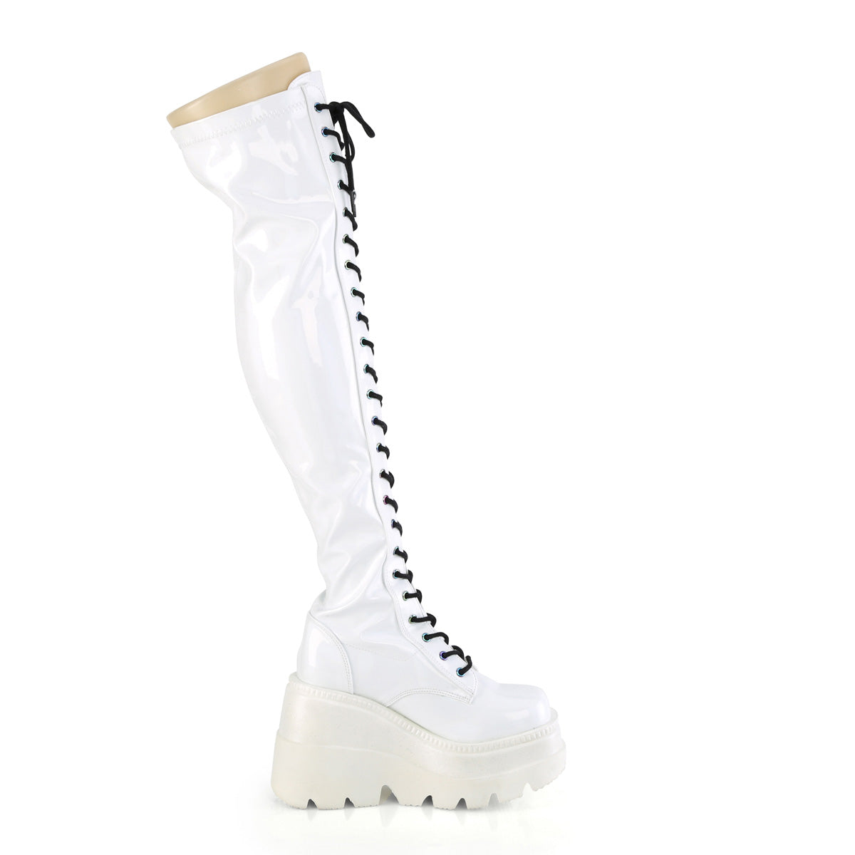 DemoniaCult Womens Boots SHAKER-374 Wht Hologram Stretch Patent