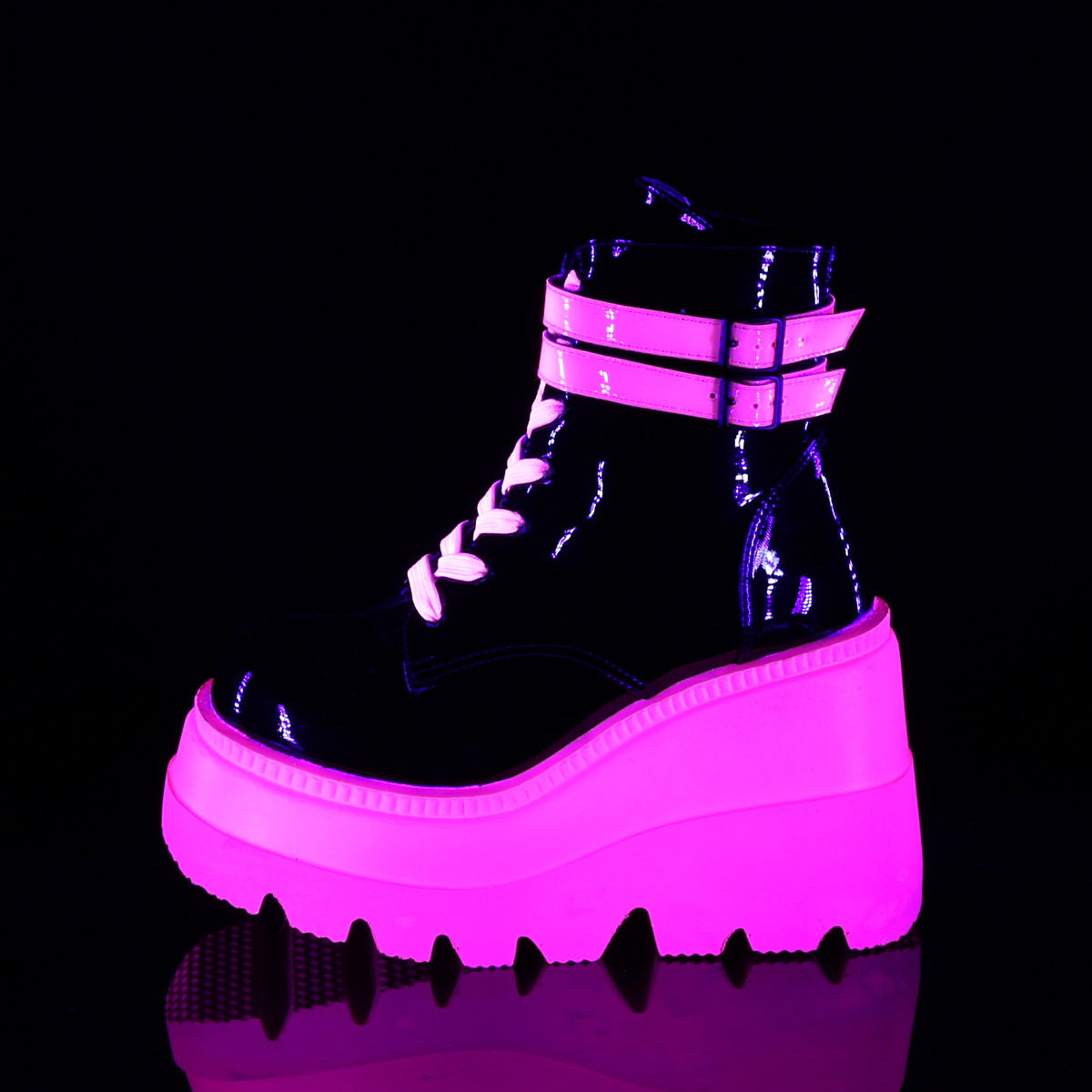 DemoniaCult Womens Ankle Boots SHAKER-52 Blk Pat-UV Neon Pink
