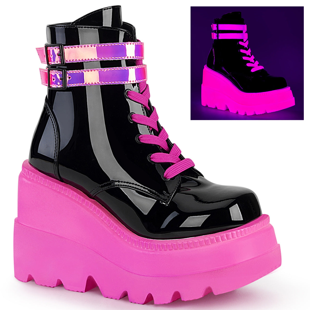 DemoniaCult Womens Ankle Boots SHAKER-52 Blk Pat-UV Neon Pink