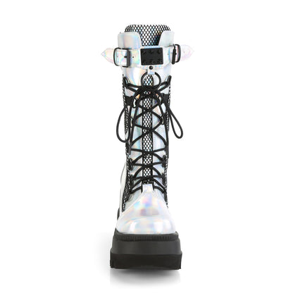 DemoniaCult Womens Boots SHAKER-70 Silver Holo. Vegan Leather-Blk Fishnet