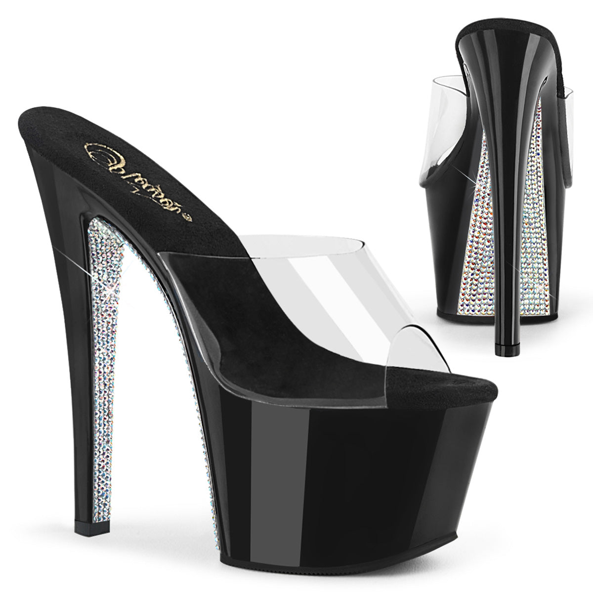 Pleaser Womens Sandals SKY-301CRS Clr/Blk-Slv AB Rhinestone