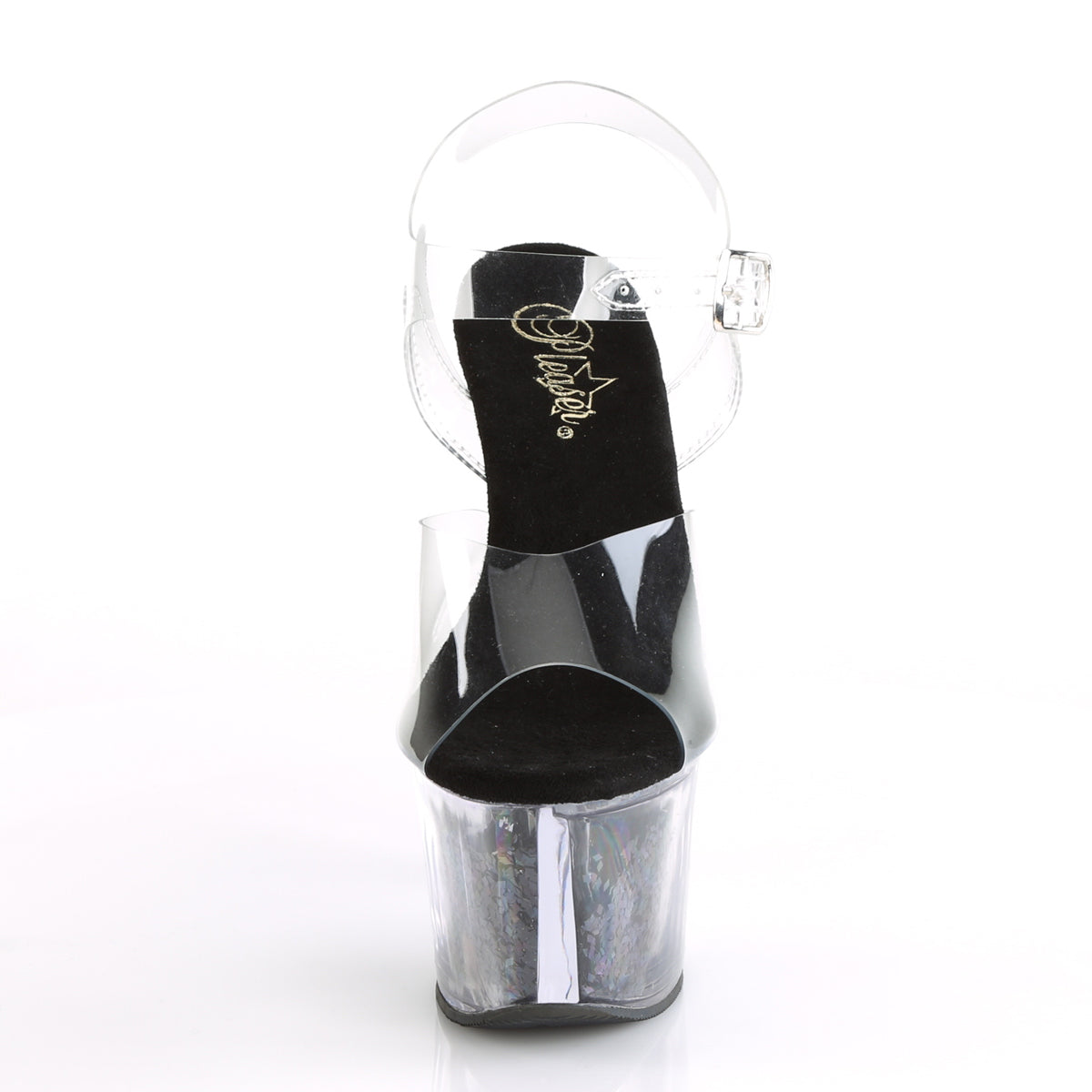 Pleaser Womens Sandals SKY-308GF Clr/Blk Multi Glitter