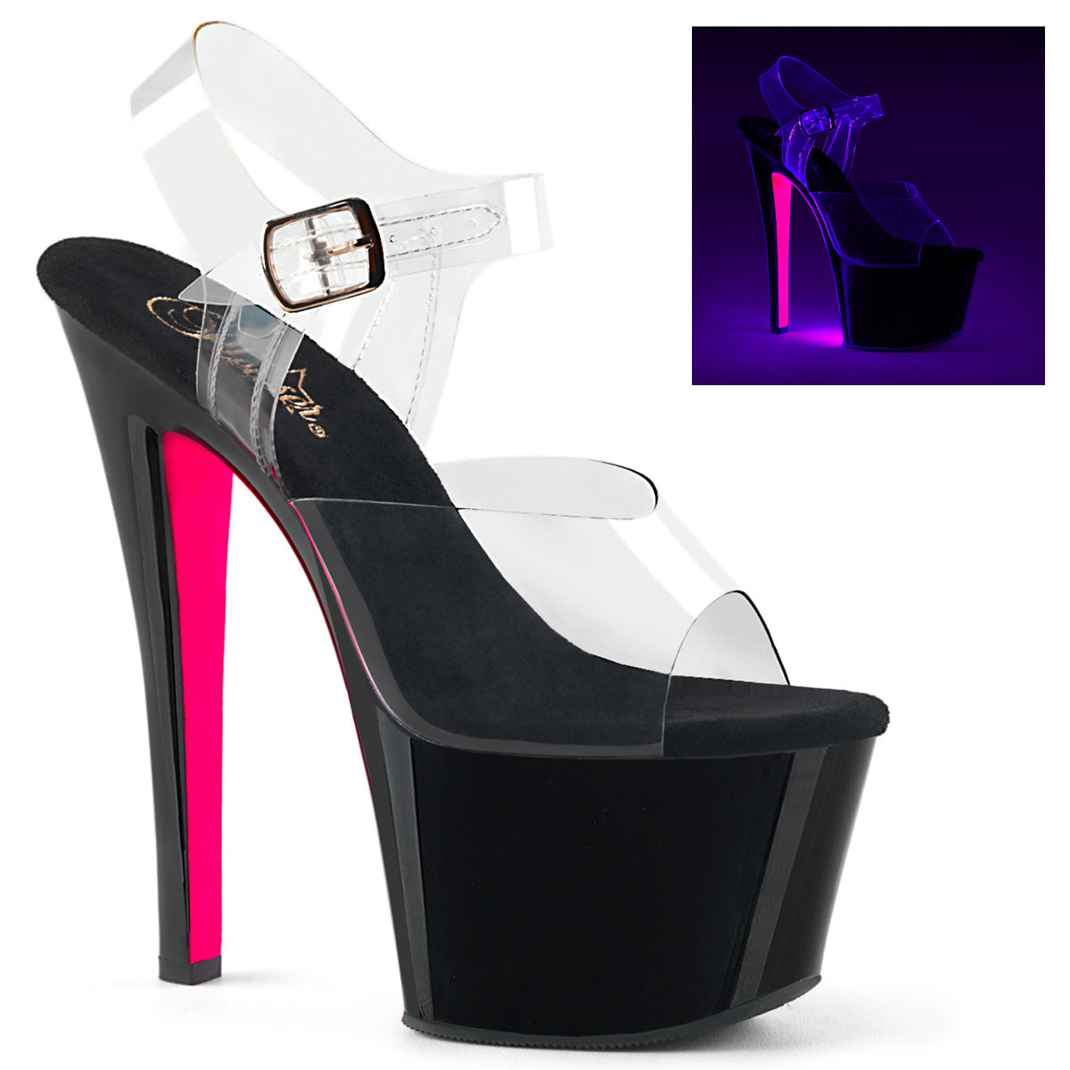 Pleaser Womens Sandals SKY-308TT Clr/Blk-Neon Pink