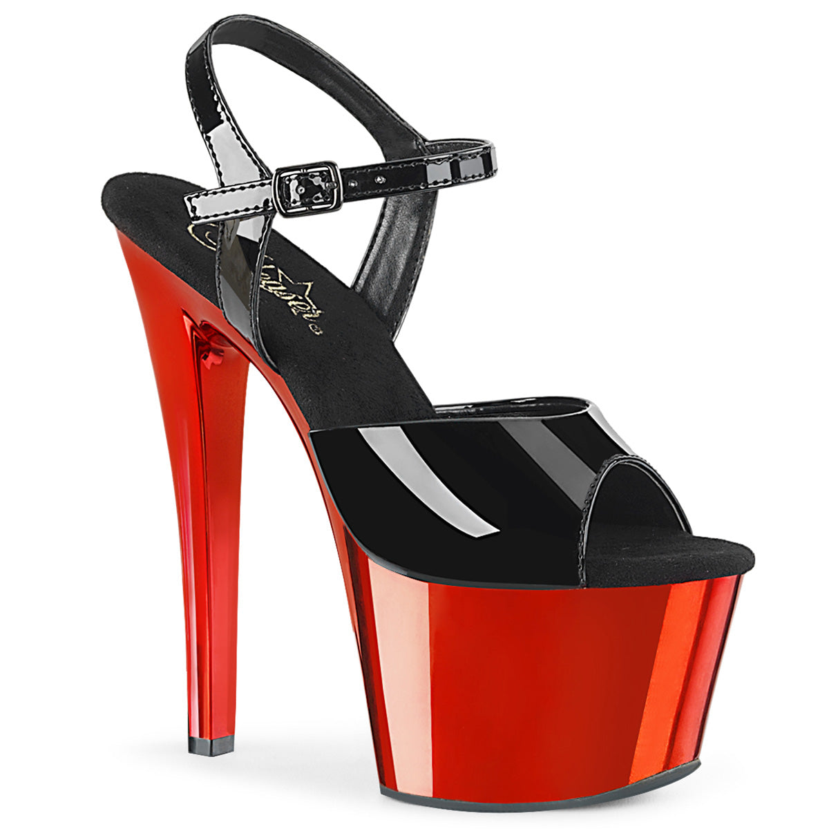 Pleaser Womens Sandals SKY-309 Blk Pat/Red Chrome