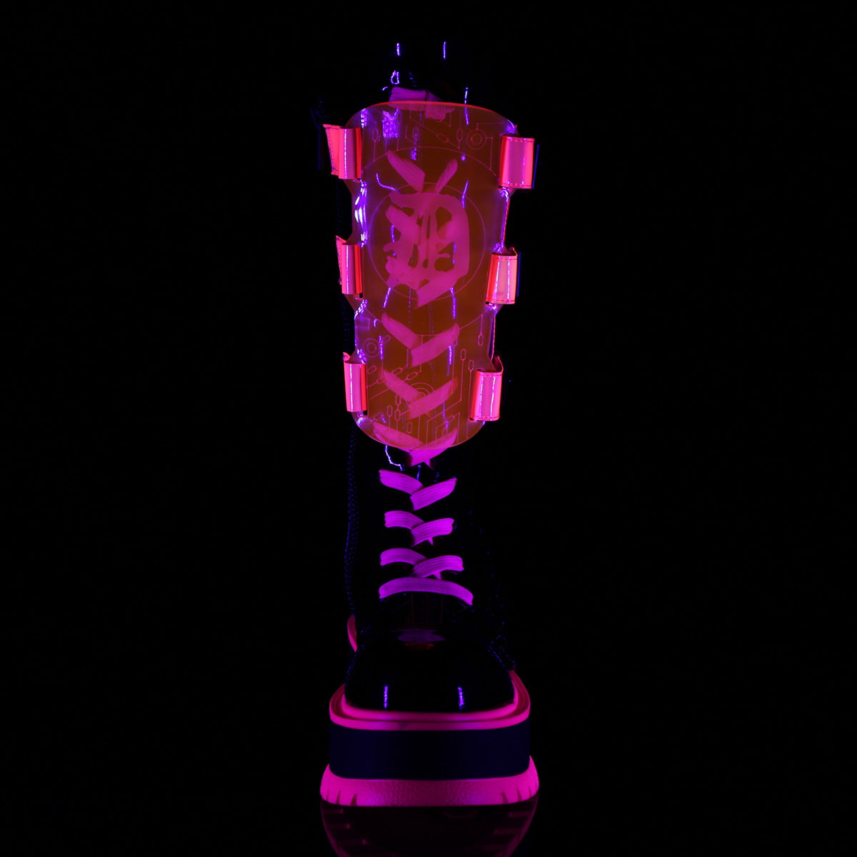 DemoniaCult  Boots SLACKER-156 Blk Patent-UV Neon Pink