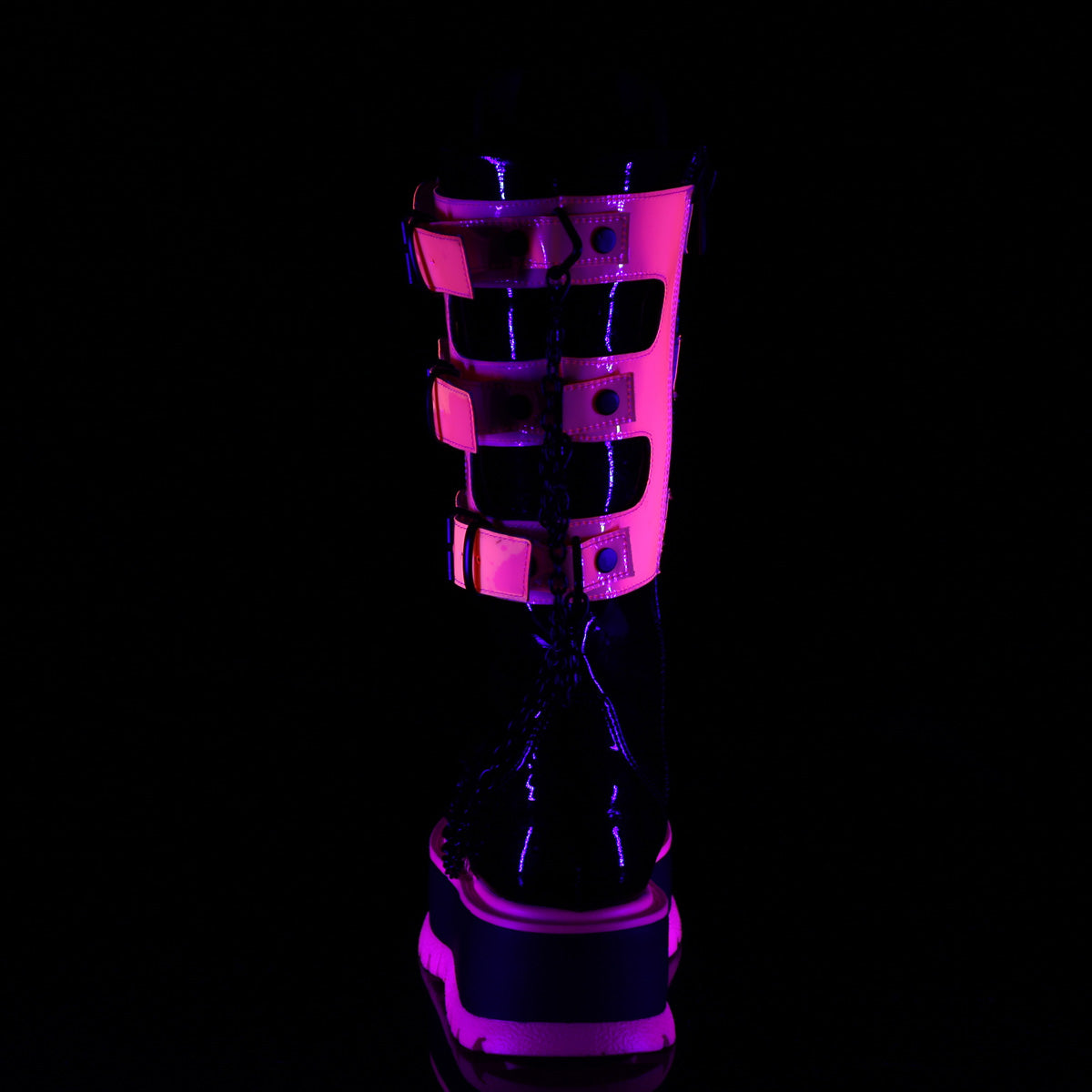 DemoniaCult  Boots SLACKER-156 Blk Patent-UV Neon Pink