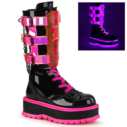 DemoniaCult  Boots SLACKER-156 Blk Patent-UV Neon Pink