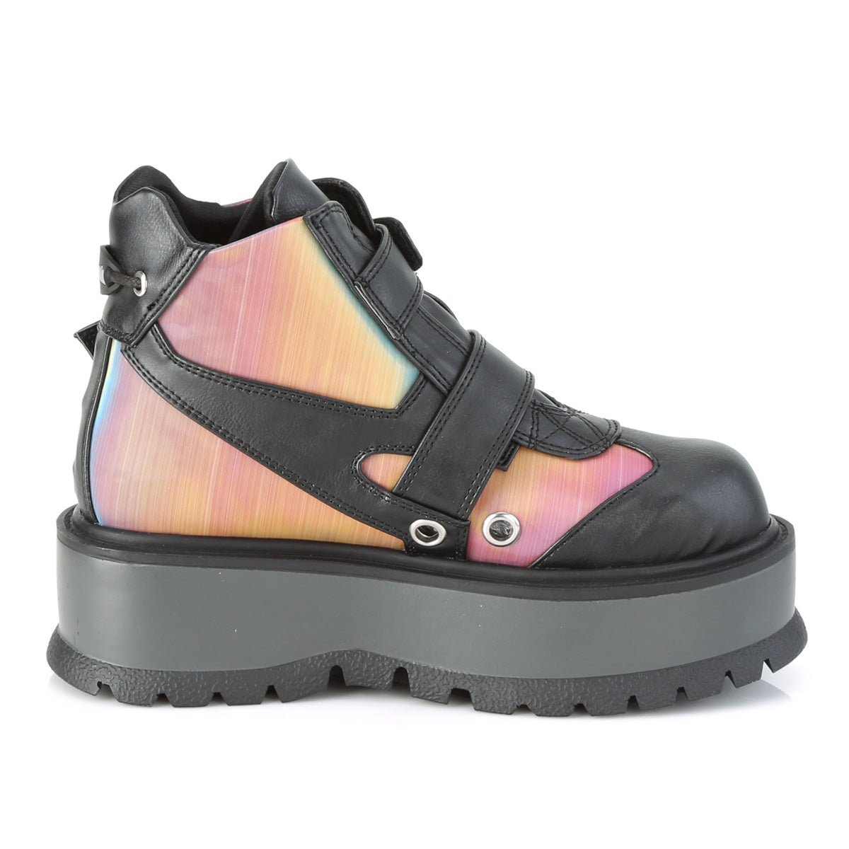 DemoniaCult Womens Ankle Boots SLACKER-32 Blk Vegan Leather-Rainbow Reflective