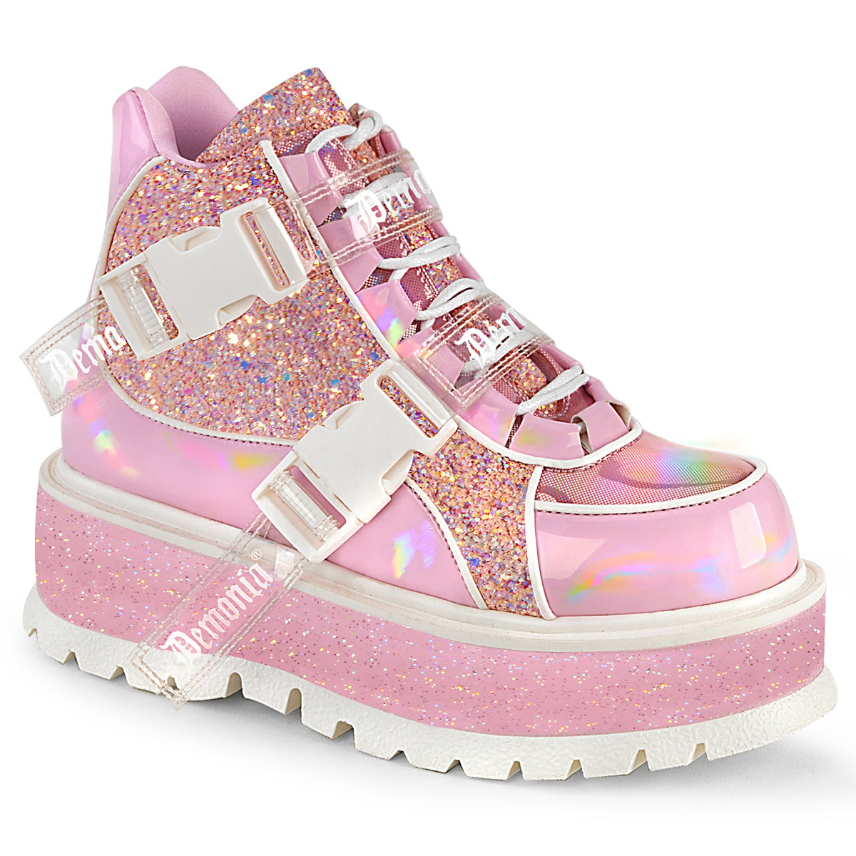 DemoniaCult  Ankle Boots SLACKER-50 B. Pink Holographic Pat-Pink Multi Glitter