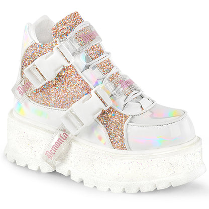 DemoniaCult  Ankle Boots SLACKER-50 Wht Holographic Pat-B. Pink Multi Glitter
