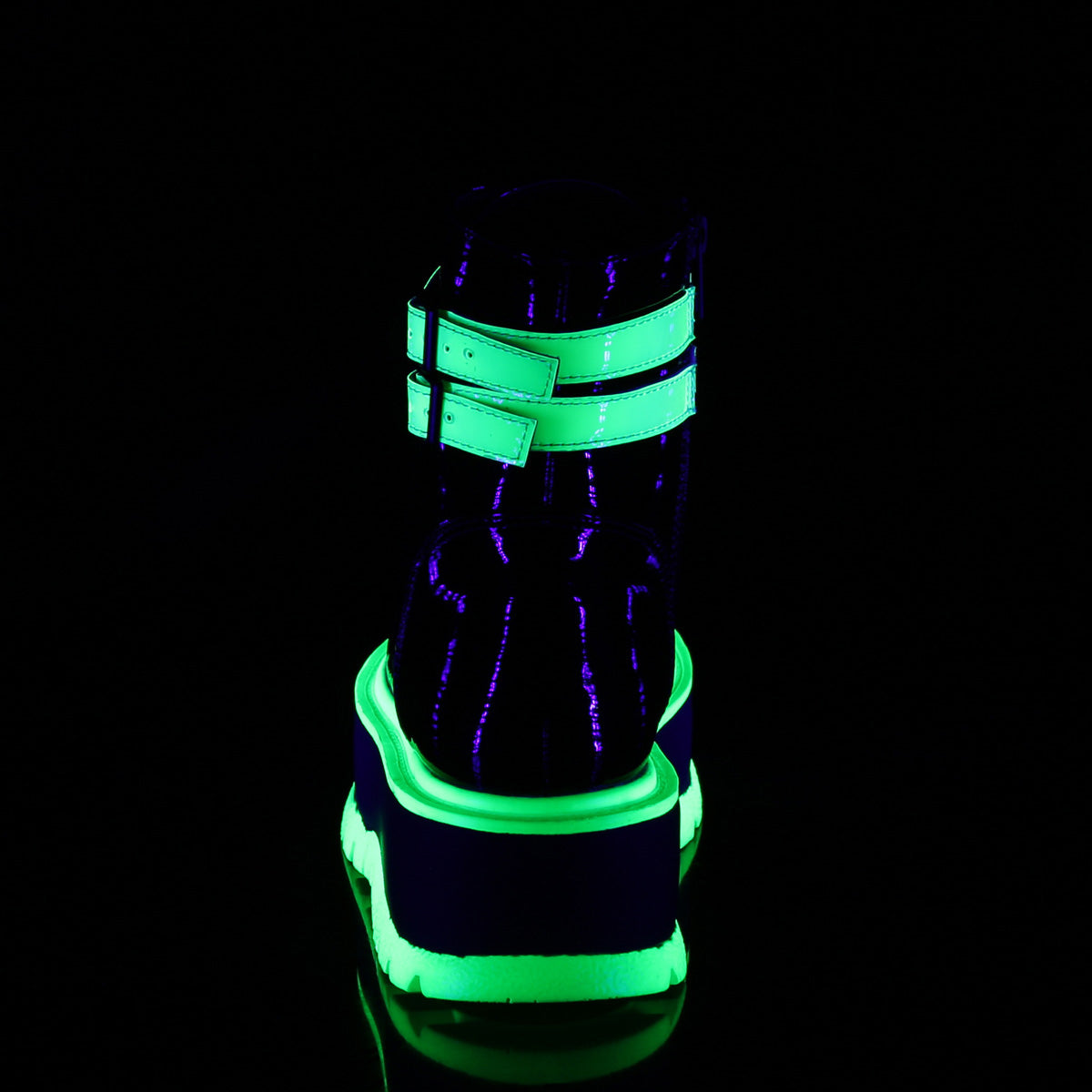 DemoniaCult Womens Ankle Boots SLACKER-52 Blk Pat-UV Iridescent Green
