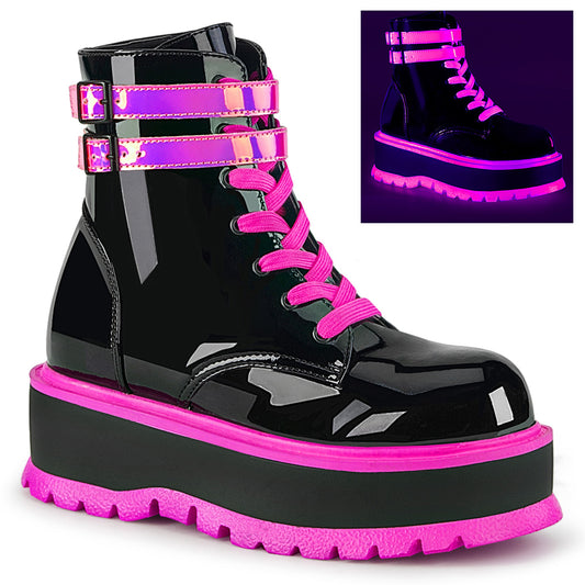 DemoniaCult Womens Ankle Boots SLACKER-52 Blk Pat-UV Iridescent Pink