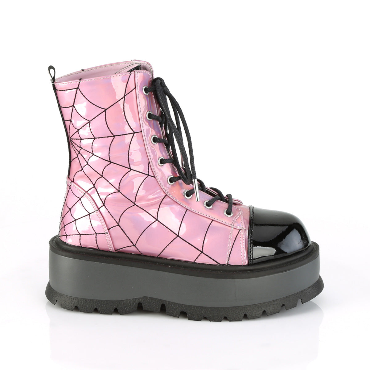 DemoniaCult Womens Ankle Boots SLACKER-88 Pink Hologram-Blk Pat