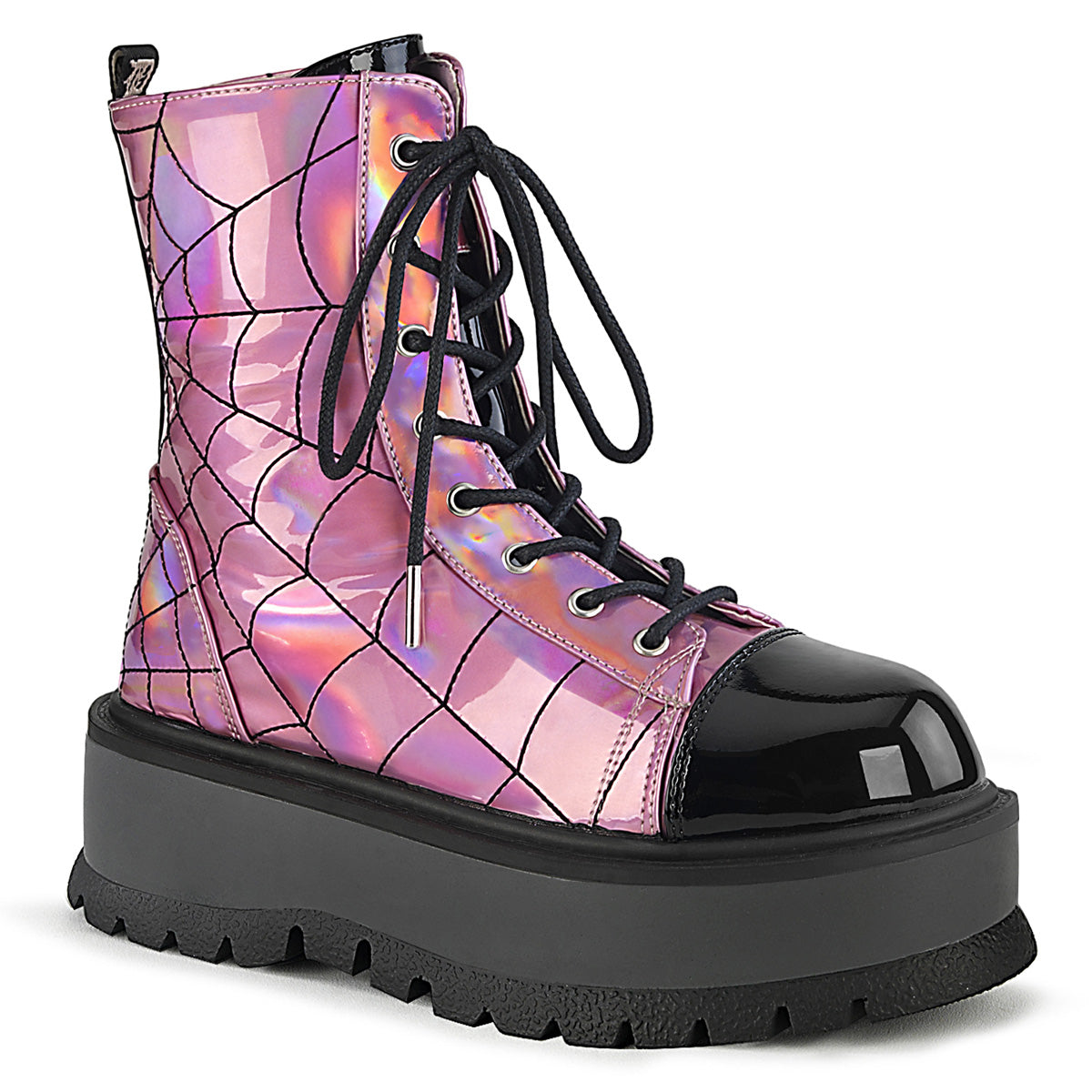 DemoniaCult Womens Ankle Boots SLACKER-88 Pink Hologram-Blk Pat