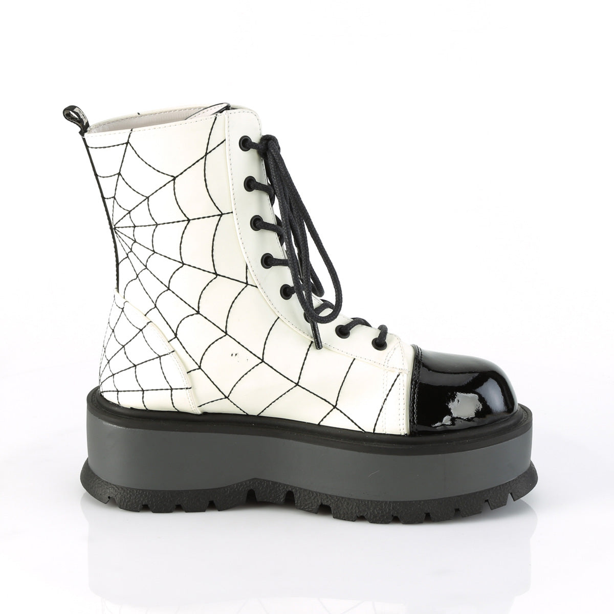 DemoniaCult Womens Ankle Boots SLACKER-88 White Glow Vegan Leather-Blk Pat