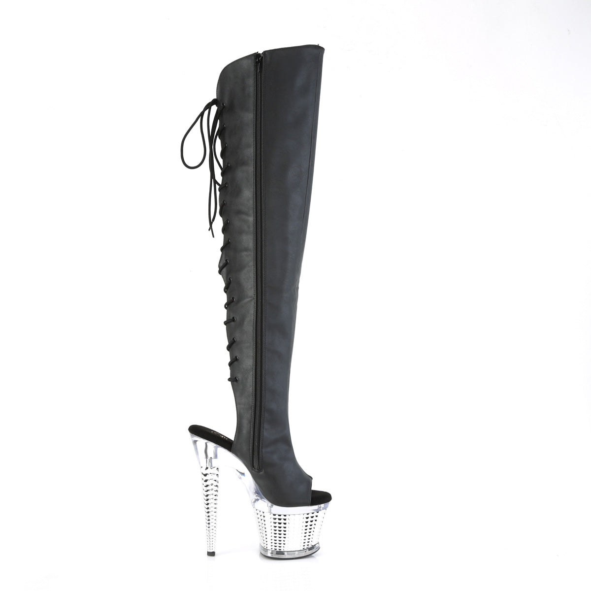 Pleaser  Boots SPECTATOR-3019 Blk Faxur Leather/Clr-Slv Chrome