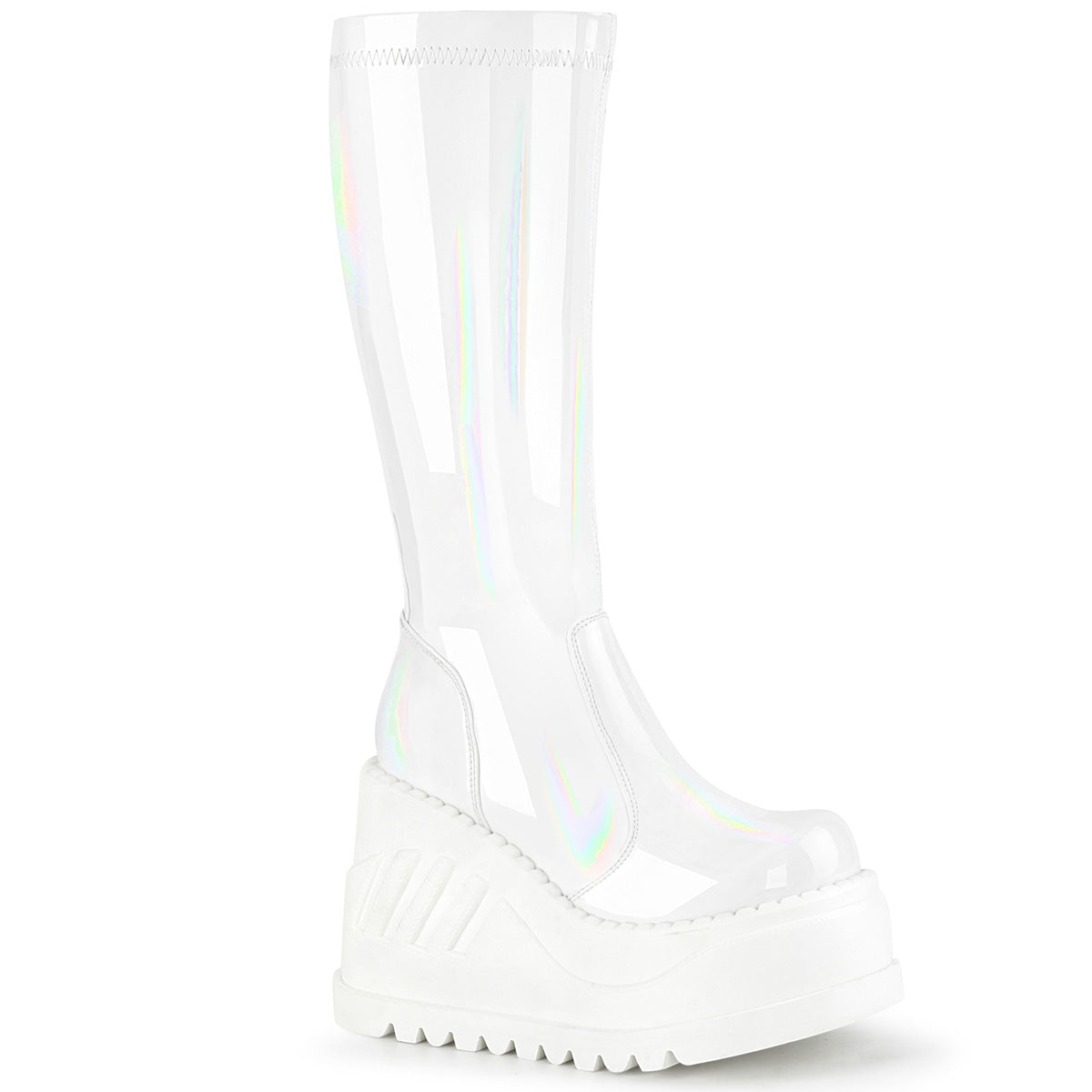 DemoniaCult Womens Boots STOMP-200 Wht Hologram Stretch Patent