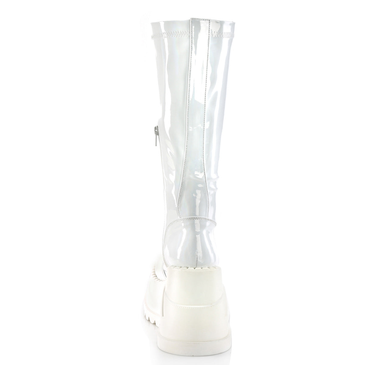 DemoniaCult Womens Boots STOMP-200 Wht Hologram Stretch Patent