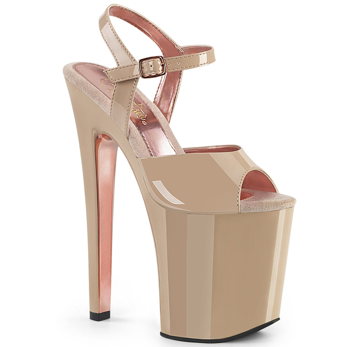 Pleaser Womens Sandals XTREME-809TT Nude Pat/Nude-Rose Gold Chrome