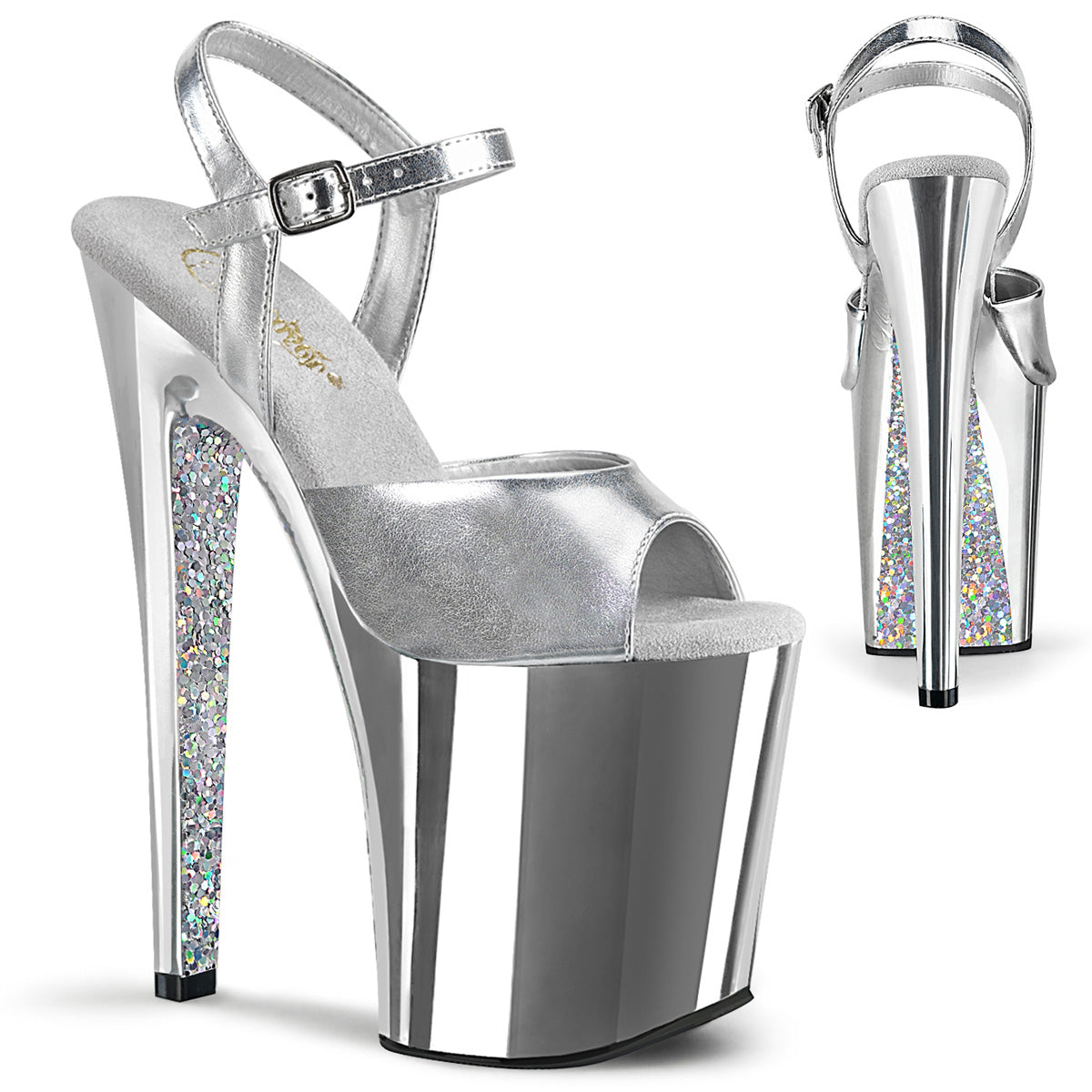 Pleaser Womens Sandals XTREME-809TTG Slv Metallic Pu/Slv Chrome-Glitter