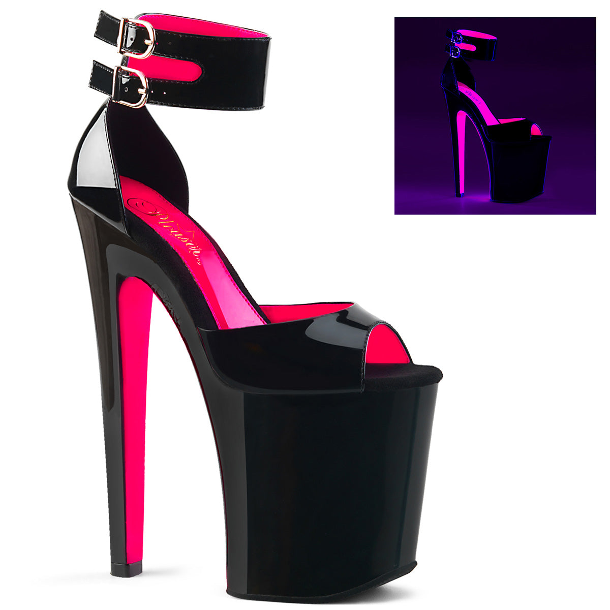 Pleaser Womens Sandals XTREME-875TT Blk Pat-Neon H. Pink/Blk